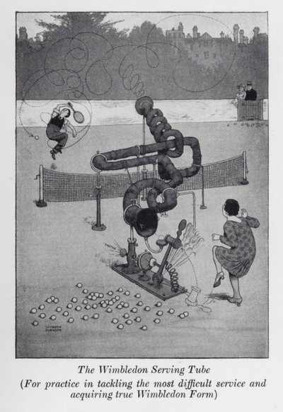 Wimbledon Serving Tube, for øvelse i å takle den vanskeligste tjenesten og skaffe ekte Wimbledon Form (litho) av William Heath Robinson