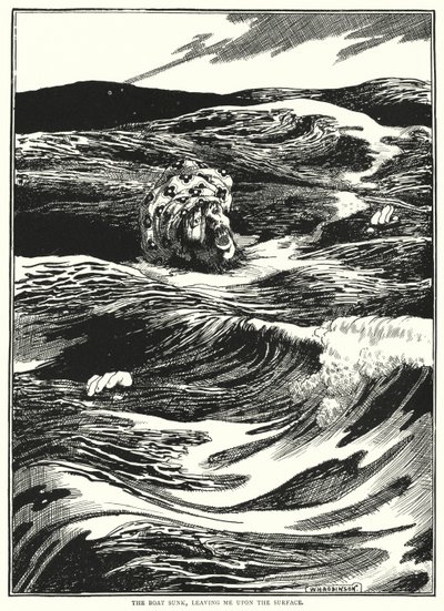 Båten sank og etterlot meg på overflaten (gravering) av William Heath Robinson
