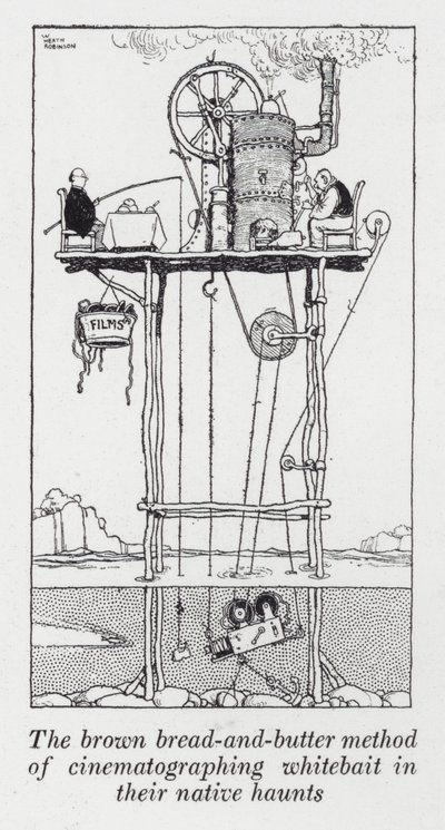 Den brune brød-og-smør-metoden for å kinematografere whitebait i deres hjemlige tilholdssteder (litho) av William Heath Robinson