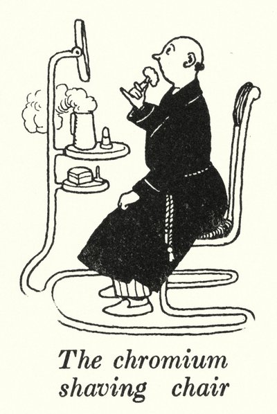 Barberstolen i krom (litho) av William Heath Robinson