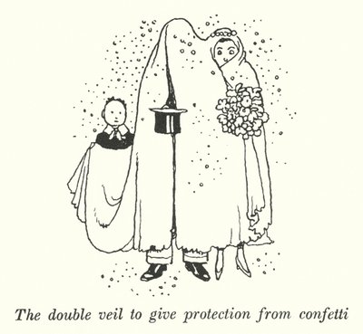 Det doble sløret for å gi beskyttelse mot konfetti (litho) av William Heath Robinson