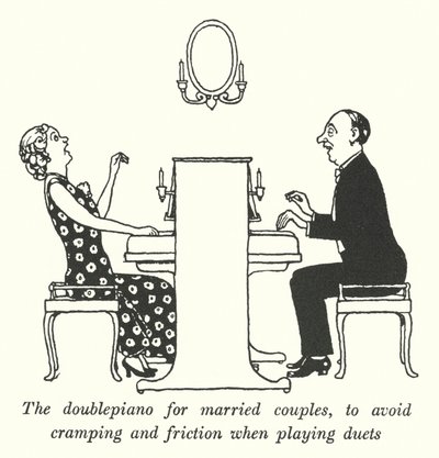Dobbeltpianoet for ektepar, for å unngå kramper og friksjon når de spiller duetter (litho) av William Heath Robinson