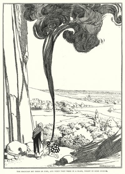 Magikeren satte fyr på dem, og da de sto i brann, kastet han inn noe røkelse (gravering) av William Heath Robinson