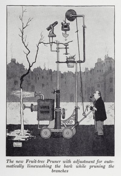 Den nye frukttrebeskjæreren med justering for automatisk kalkvasking av barken mens du beskjærer grenene (litho) av William Heath Robinson