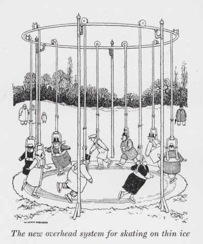 Det nye overheadsystemet for skøyter på tynn is (litho) av William Heath Robinson