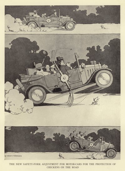 Den nye sikkerhetsgaffeljusteringen for biler for beskyttelse av kyllinger på veien av William Heath Robinson