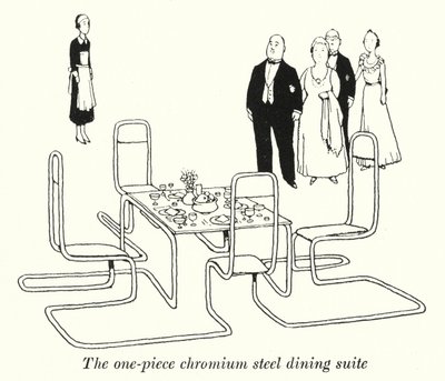 Spisestuen i ett stykke kromstål (litho) av William Heath Robinson