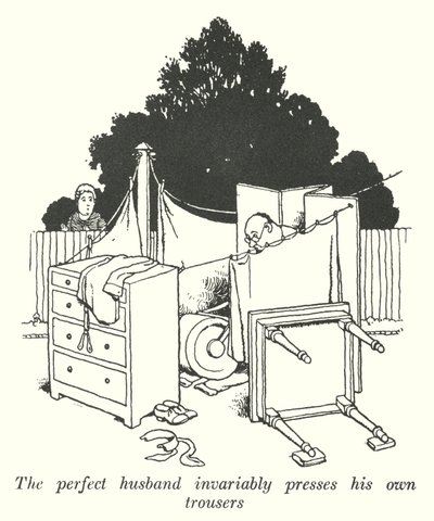 Den perfekte ektemannen presser alltid sine egne bukser (litho) av William Heath Robinson
