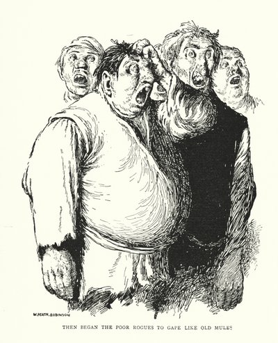 Så begynte de stakkars skurkene å gape som gamle muldyr (litho) av William Heath Robinson