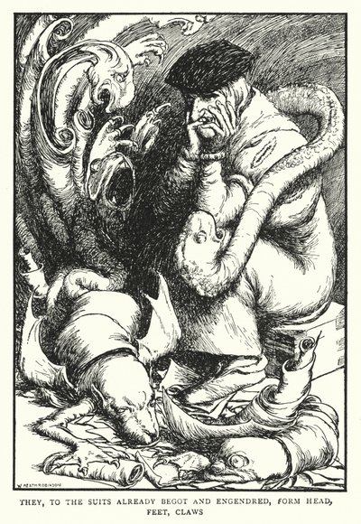De, til draktene som allerede er født og avlet, danner hode, føtter, klør (litho) av William Heath Robinson