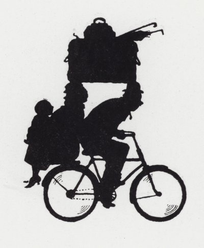 På tur med familien på sykkel (litho) av William Heath Robinson