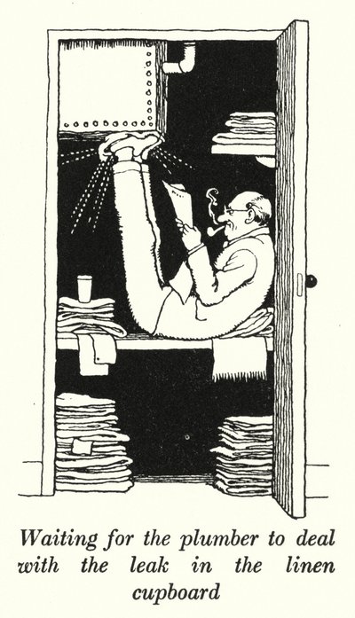 Venter på at rørleggeren skal ta seg av lekkasjen i linskapet (litho) av William Heath Robinson