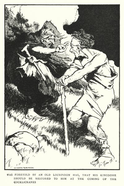Ble forutsagt av en gammel Lourpidon-kjerring, at riket hans skulle gjenopprettes til ham ved ankomsten av Cocklicranes (litho) av William Heath Robinson
