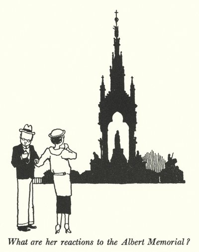 Hva er hennes reaksjoner på Albert Memorial? (litho) av William Heath Robinson