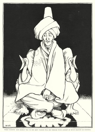 Det som gledet ham var å se Abou Hassan fylle tronen sin med nesten like mye gravitasjon som ham selv (gravering) av William Heath Robinson