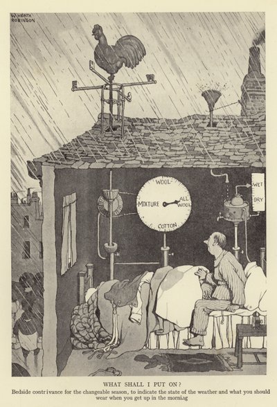 Hva skal jeg sette på sengen for den skiftende årstiden, for å indikere værtilstanden og hva du bør ha på deg når du står opp om morgenen av William Heath Robinson