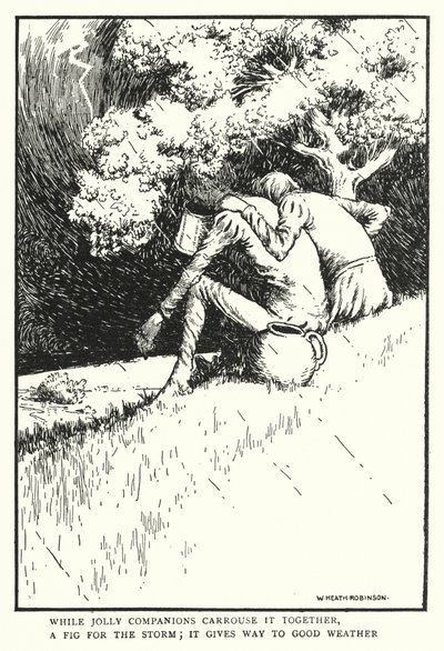 Mens glade følgesvenner bærer den sammen, en fiken for stormen, viker den for godt vær (litho) av William Heath Robinson