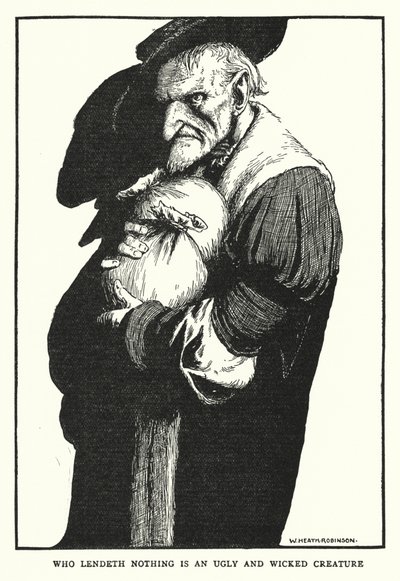 Den som ikke låner ut noe er en stygg og ond skapning (litho) av William Heath Robinson