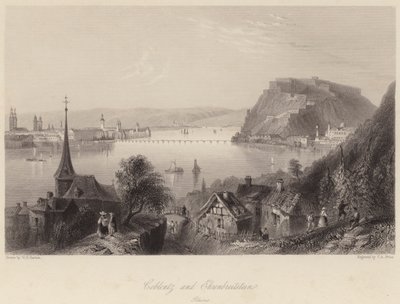 Coblentz og Ehrenbreitstein (gravering) av William Henry (after) Bartlett