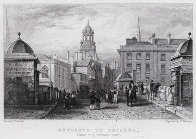 Inngang til Bristol, fra London Road (gravering) av William Henry (after) Bartlett