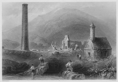 Round Tower, etc, Glendalough, County Wicklow (gravering) av William Henry (after) Bartlett