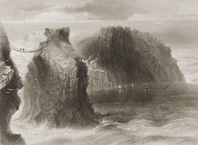 Carrick-a-Rede Rope Bridge, County Antrim, Nord-Irland, fra "Scenery and Antiquities of Ireland" av George Virtue, 1860-tallet av William Henry Bartlett
