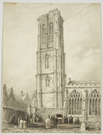 Eksteriør av Temple Church, viser en internering, ca. 1825 (blyant og akvarell på papir) av William Henry Bartlett