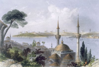 Generell utsikt over Konstantinopel fra Scutari, ca. 1850 (farget akvatint) av William Henry Bartlett