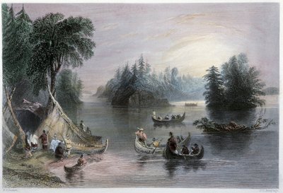Indiske tipier og kanoer, Banks of the St Laurent - i "" kanadisk landskap illustrert" av W.H. Bartlett, London av William Henry Bartlett