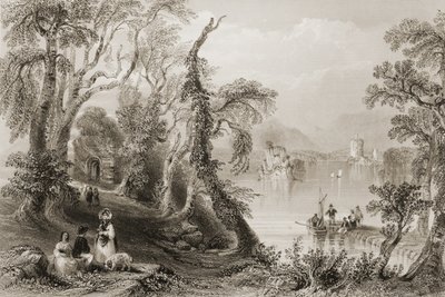 Innisfallen, Killarney Lake, County Killarney, fra "Scenery and Antiquities of Ireland" av George Virtue, 1860-tallet av William Henry Bartlett