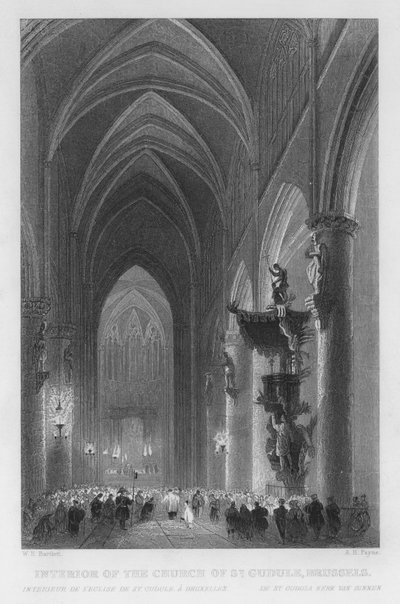 Interiør av St. Gudule-kirken, Brussel (gravering) av William Henry Bartlett