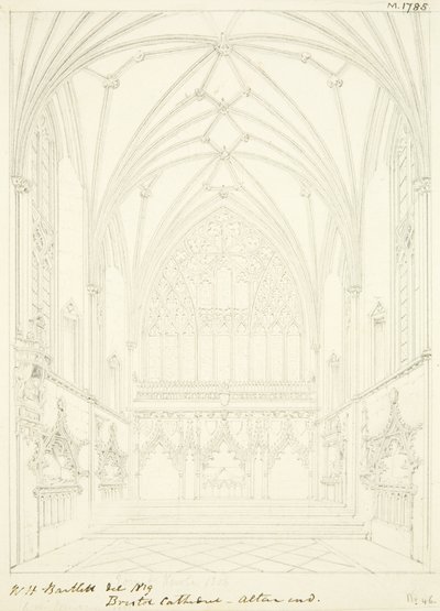 Lady Chapel of Bristol Cathedral ser østover (blyant og akvarell på papir) av William Henry Bartlett