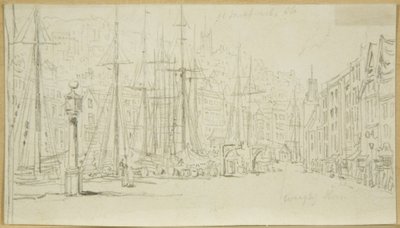 Ser langs Broad Quay fra skiven (blyant på papir) av William Henry Bartlett