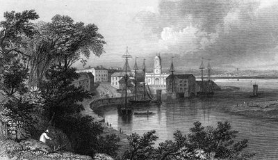 Mistley Quay, nær Harwich, Essex, gravert av John Rogers, 1832 av William Henry Bartlett