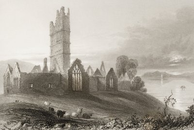 Moyne Abbey, County Mayo, Irland, fra "Scenery and Antiquities of Ireland" av George Virtue, 1860-tallet av William Henry Bartlett