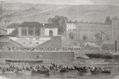Naval Boat Race i Cork Harbour, County Cork, Irland, fra "Scenery and Antiquities of Ireland" av George Virtue, 1860-tallet av William Henry Bartlett