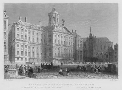 Palass og gamle kirke, Amsterdam (gravering) av William Henry Bartlett