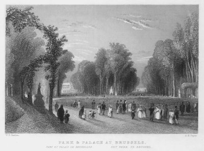 Park og palass i Brussel (gravering) av William Henry Bartlett