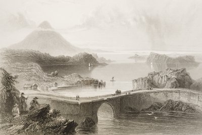 Pontoon Bridge ved Lough Conn, County Mayo, Irland, fra "Scenery and Antiquities of Ireland" av George Virtue, 1860-tallet av William Henry Bartlett