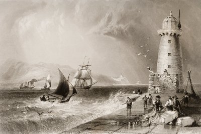 South Wall Lighthouse med Howth Hill i det fjerne, Dublin, fra "Scenery and Antiquities of Ireland" av George Virtue, 1860-tallet av William Henry Bartlett