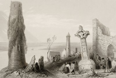 Det gamle korset og det runde tårnet i Clonmacnois, County Offaly, Irland, fra 