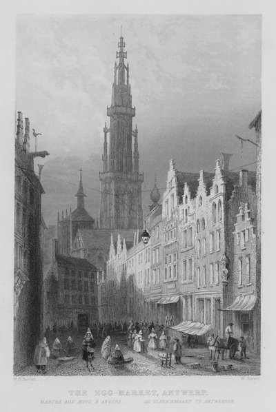 Egg-markedet, Antwerpen (gravering) av William Henry Bartlett