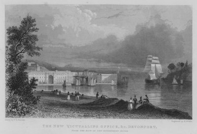 Det nye proviantkontoret, etc, Devonport, fra baksiden av regjeringshuset (gravering) av William Henry Bartlett