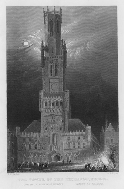 The Tower of the Exchange, Brugge (gravering) av William Henry Bartlett