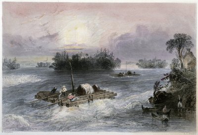 Transport av tre og stryk til landsbyen Cedars - i "" kanadisk natur illustrert" av Bartlett W. H. av William Henry Bartlett