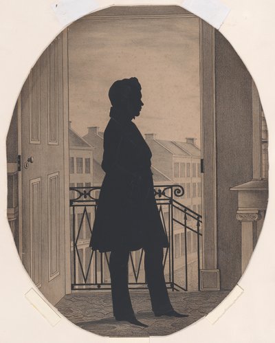 Silhuett av en ung mann foran et åpent vindu, mot høyre, før 1860. av William Henry Brown