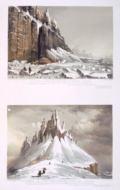 N.E. Cape of America og en del av Leopold Island (øverst) og Termin of the Cliffs nær Whaler Point, Port Leopold (nederst) fra "Ten Colored Views taken under the Arctic Expedition of Her Majesty" av William Henry Browne