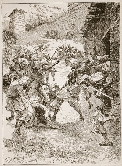 Løytnant Harley, i spissen for førti sikher og seksti kashmirier, stormet huset over munningen av gruven, illustrasjon fra "Battles of the Nineteenth Century" av Archibald Forbes, G.A. Henty an av William Henry Charles Groome