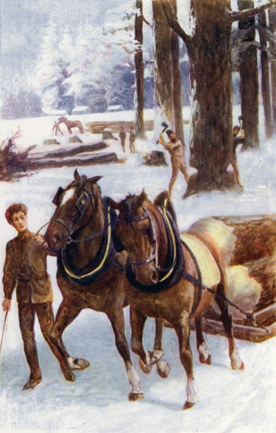 "Noen drev med å felle trær, andre med hester som drar stammene, plassert på sleder, over den harde snøen" (farge litho) av William Henry Charles Groome