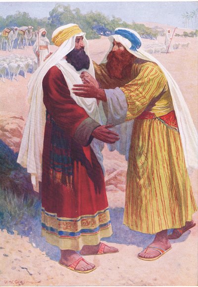 Møtet mellom Jakob og Esau, fra The Bible Picture Book utgitt av Thomas Nelson, ca. 1950 av William Henry Charles Groome